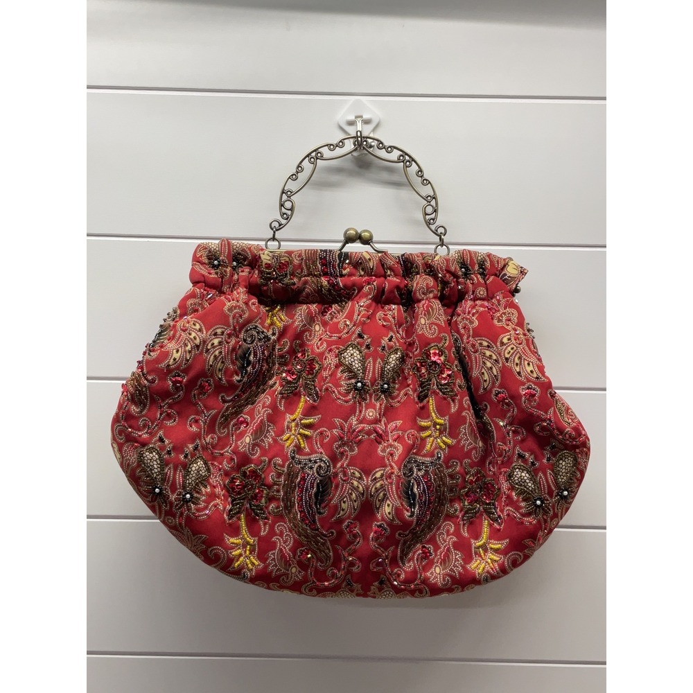 Braciano Red Embroidered Paisley Beaded Evening Bag Brass Filigree Handle